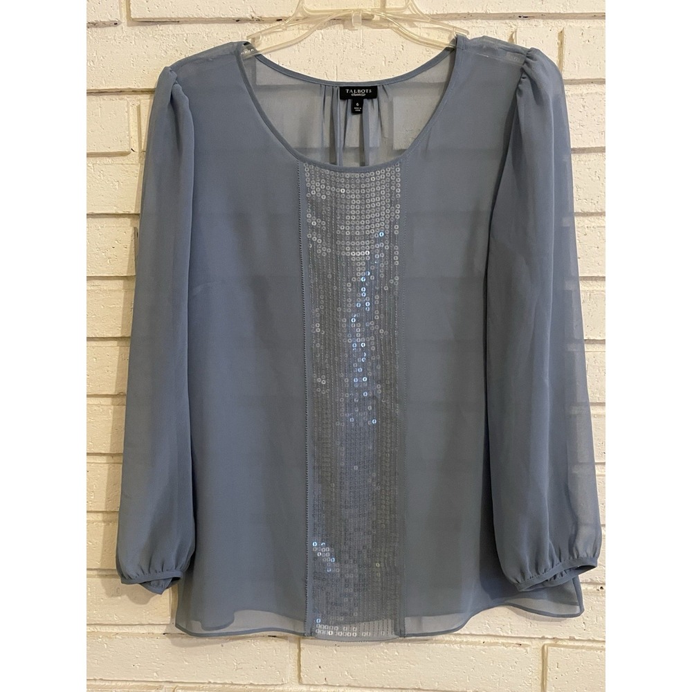 Talbots Blouse Women's Sz 6 Blue Sheer Sequin 3/4 Sleeve Shirt Lightweight Top